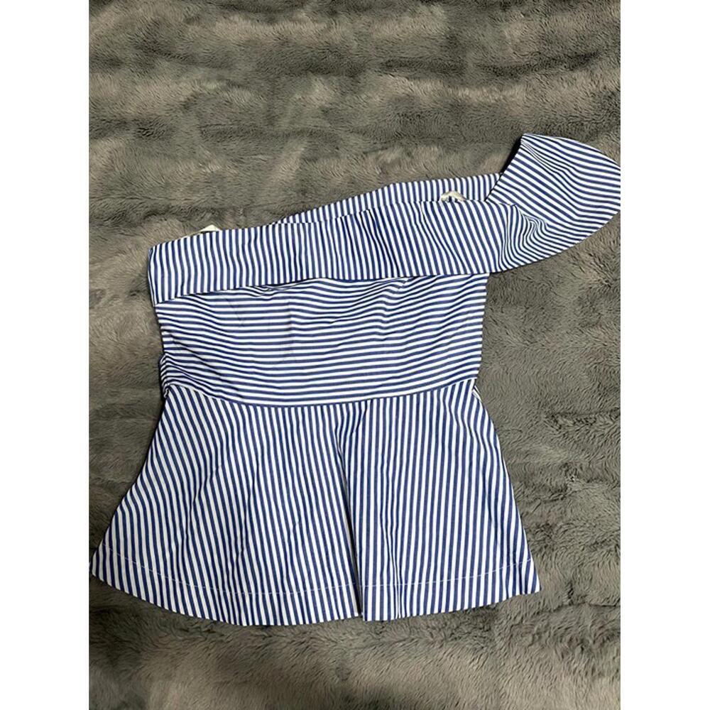 J.O.A. Blue & White Striped One-Shoulder Peplum Top – Size S